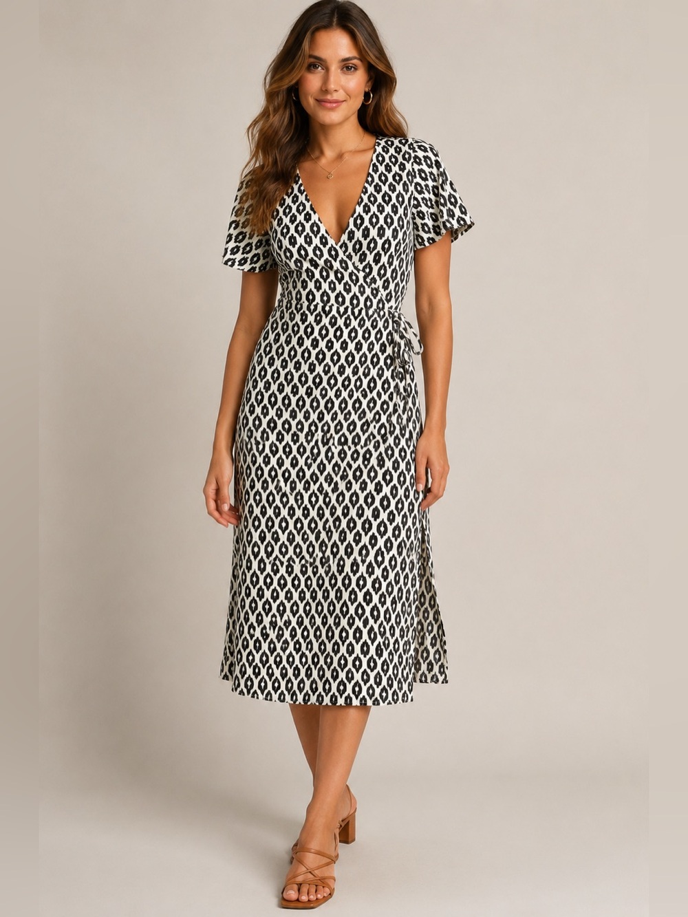 Marine Layer Emlyn Surplice Wrap Midi Dress Black & Ivory Geometric Print Medium
